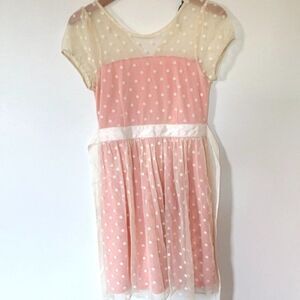 ModCloth Doe Rae pink polka dot with cream lace sundress